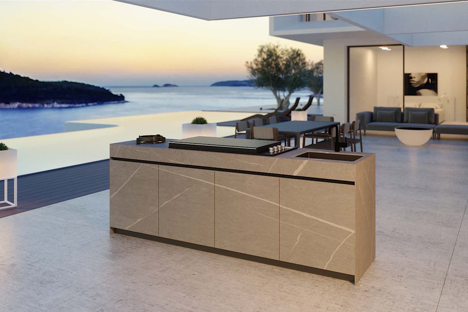 Composite image of the K2 luxury outdoor kitchen, showcasing the elegant ceramic worktops and dark, weather-resistant cabinetry.